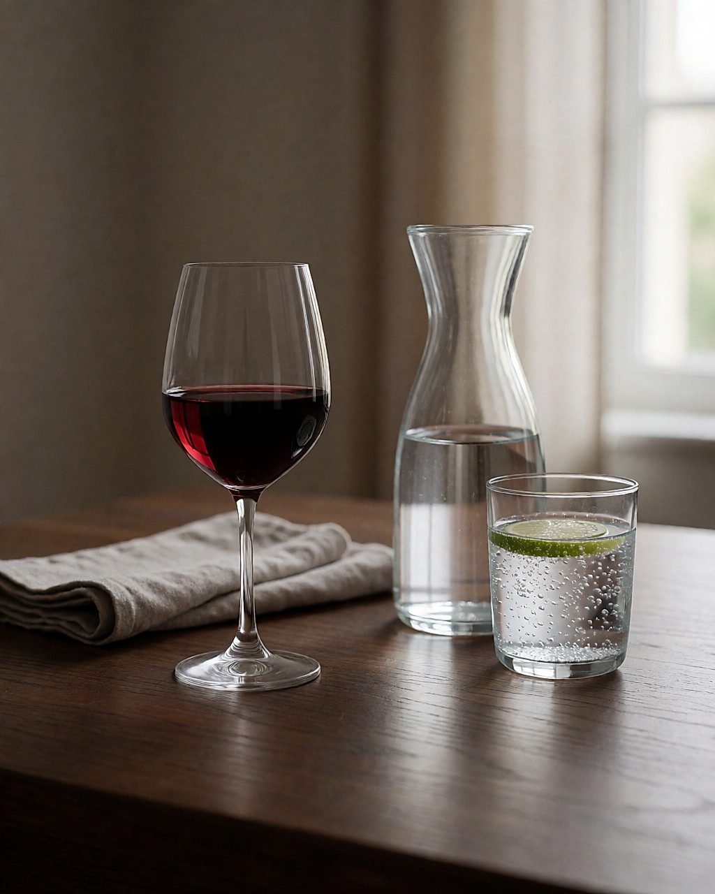 Un verre de vin rouge et une carafe d'eau sur une table en bois