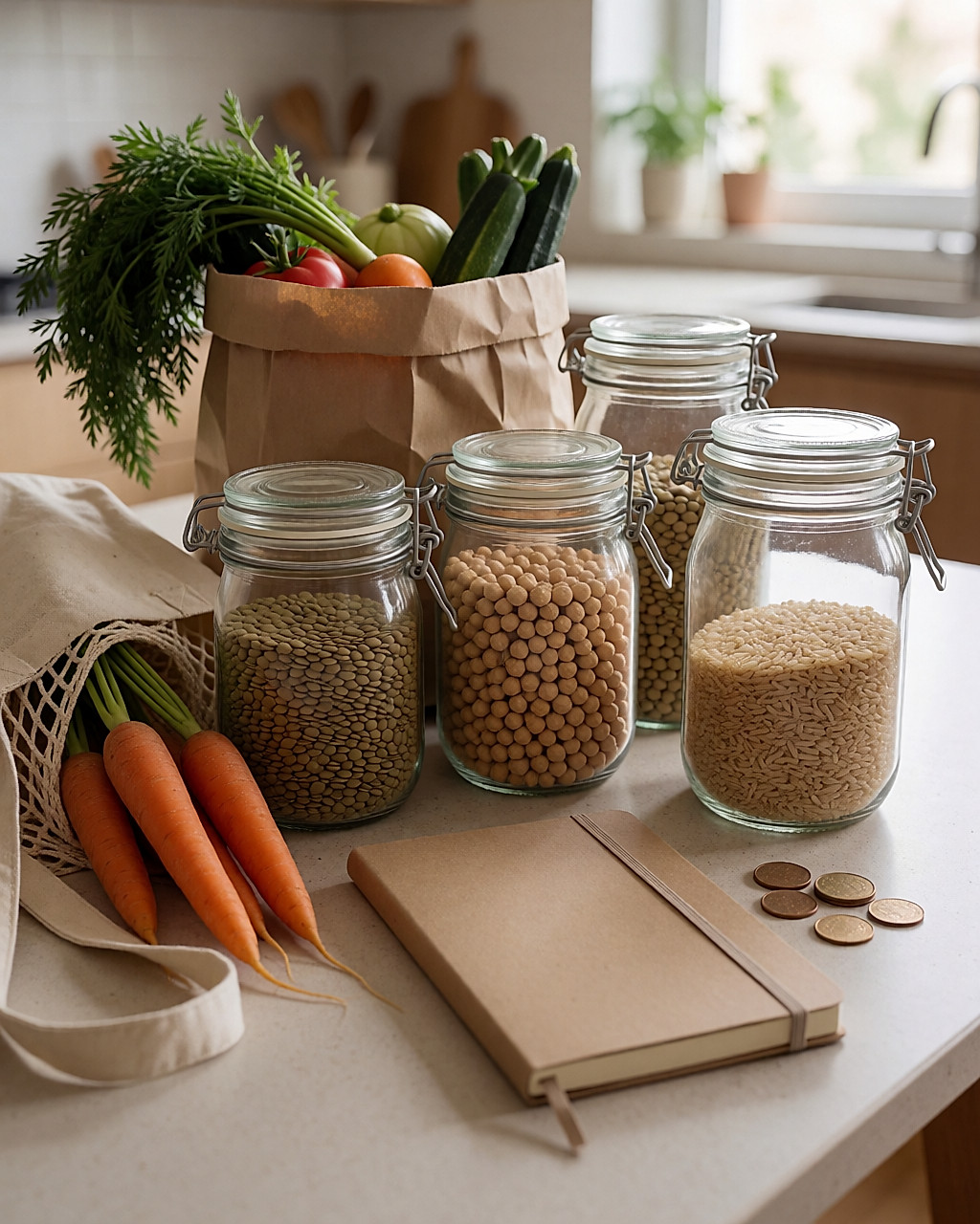 Bocaux de lentilles, riz complet et légumes de saison sur une table de cuisine