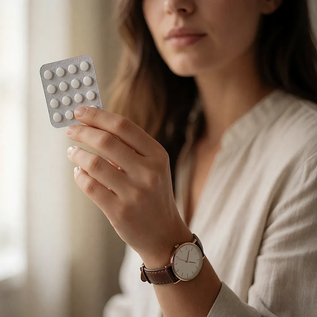 A hand holds a progestogen-only pill pack near a clock in morning light