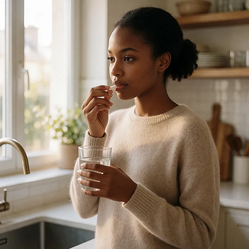 A young woman takes her pill with a glass of water in a bright kitchen