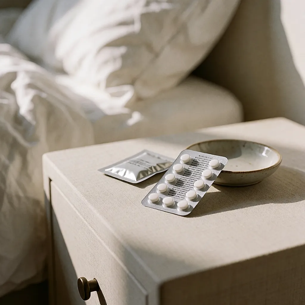 A pill pack and a condom on a linen bedside table