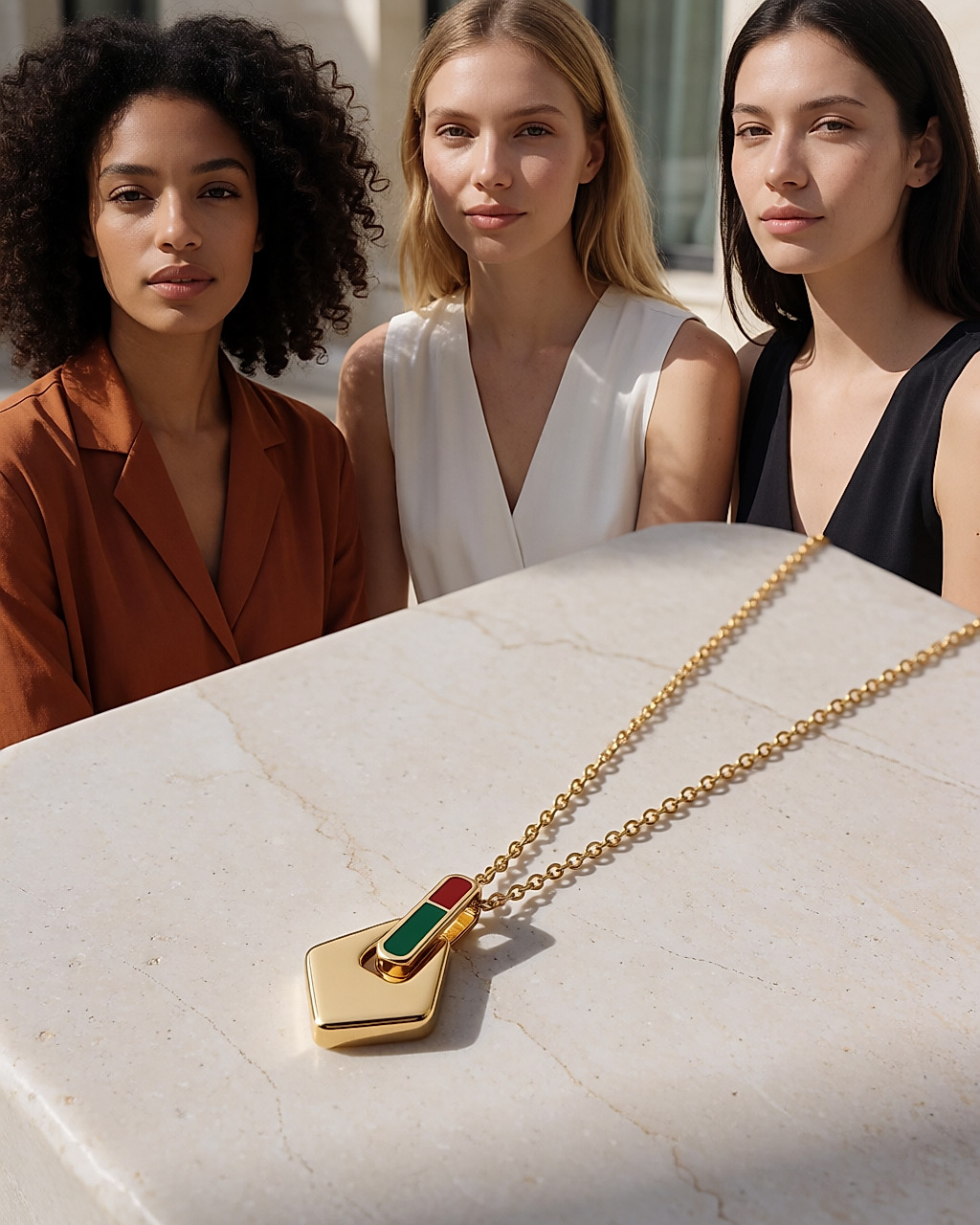 Retro-inspired gold-tone pendant, with an enamelled geometric motif, on light stone