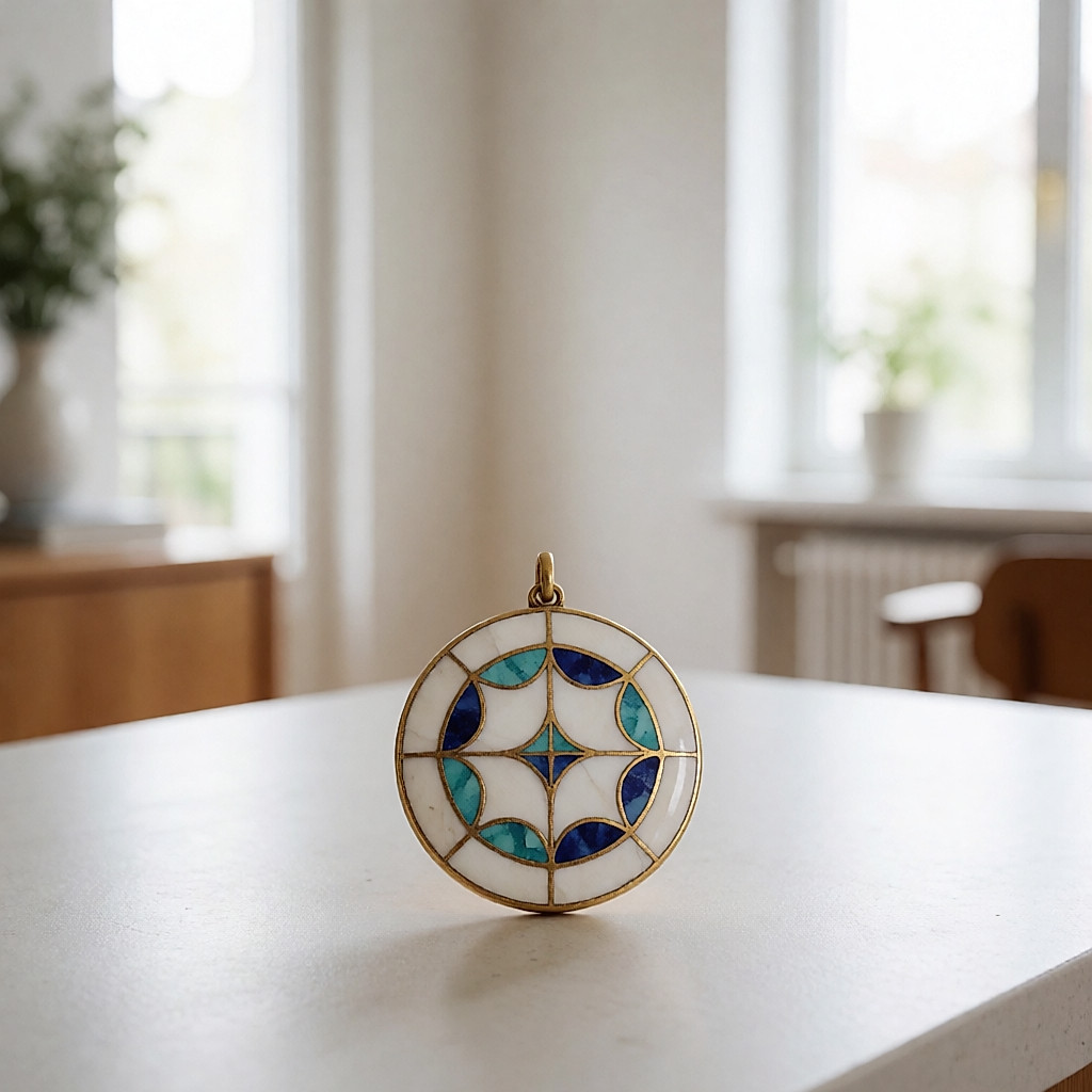 Pendentif doré rétro inspiré, à motif géométrique émaillé, sur pierre claire