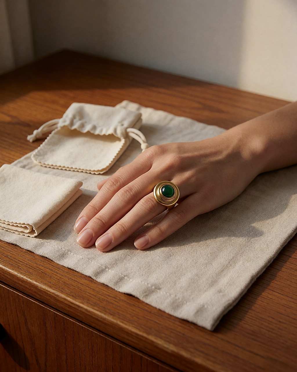 Gold-tone ring with a green cabochon worn on a hand resting near a soft cloth on a dressing table