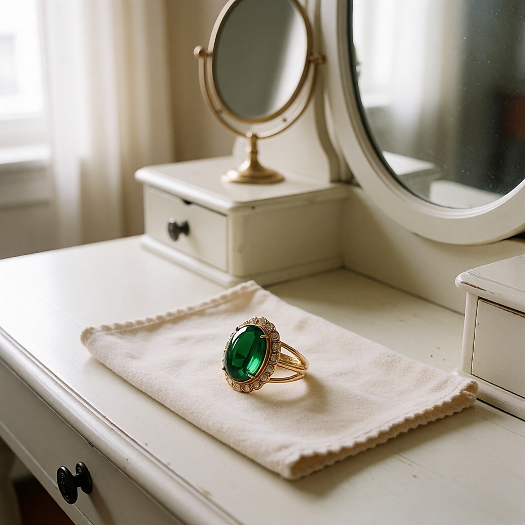 Bague dorée à cabochon vert portée sur une main posée près d'un chiffon doux sur une coiffeuse