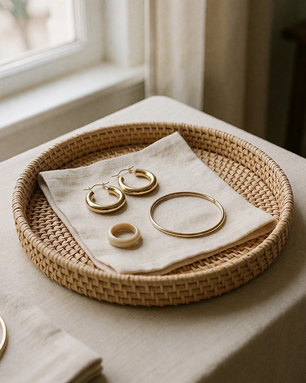 Gold-tone earrings, a fine bracelet and a resin ring displayed on a raffia tray