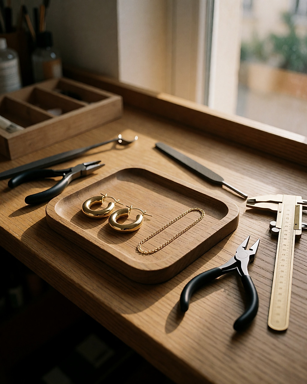 Gold-plated earrings and a fine chain placed on the wooden workbench of an independent maker