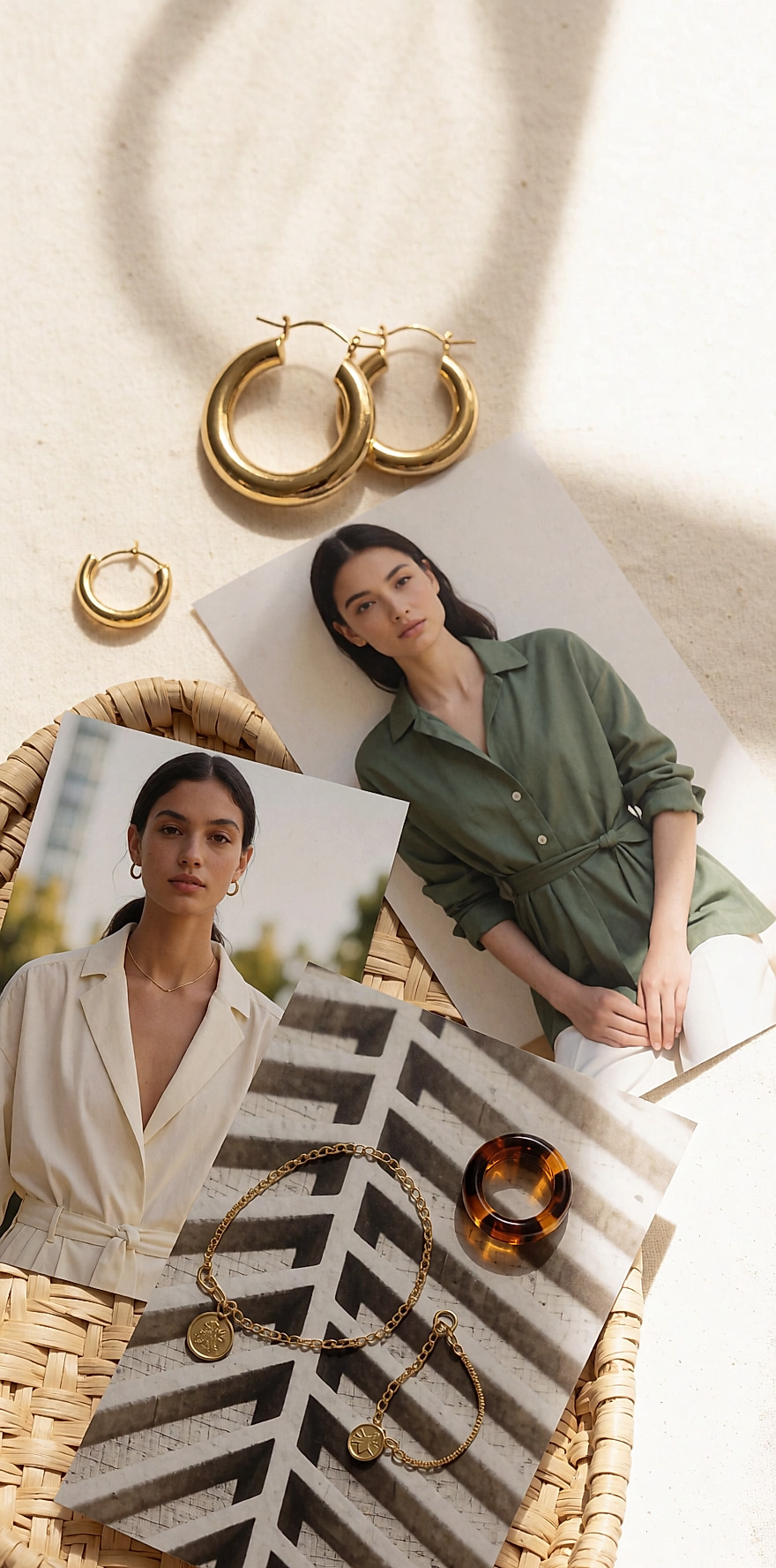 Gold-tone earrings, a fine bracelet and a resin ring placed on a raffia tray