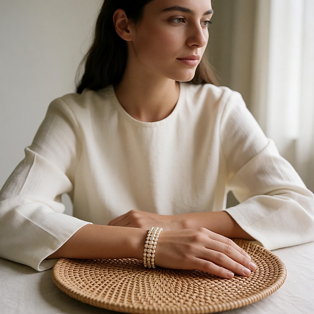 Boucles dorées, bracelet fin et bague en résine posés sur un plateau en raphia