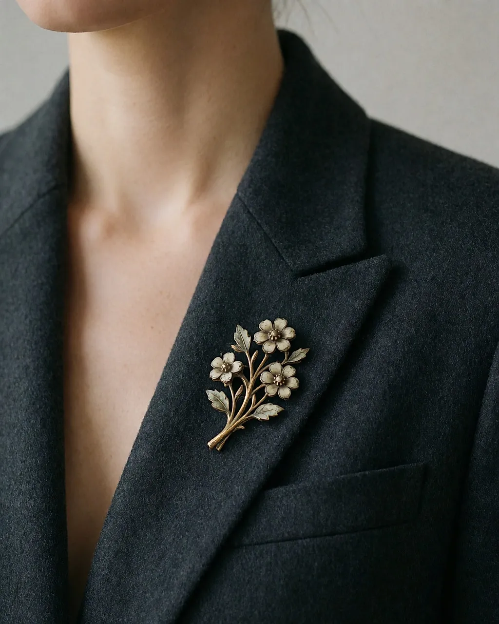 Broche ancienne à l'émail patiné épinglée sur le revers d'une veste de laine anthracite