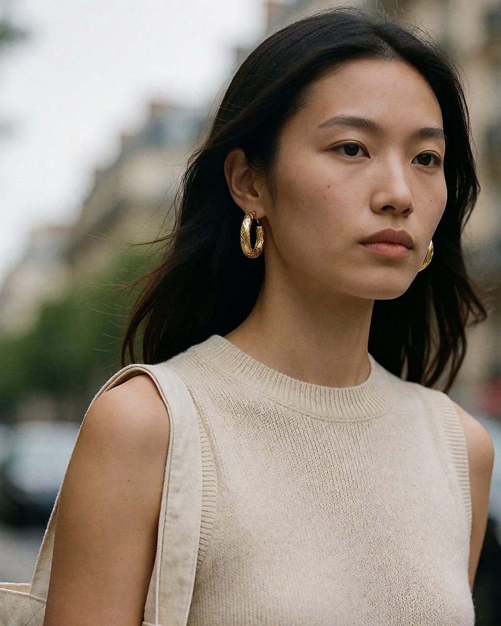 Young Asian woman wearing engraved gold-tone hoops, hair tucked behind her ear, in the city