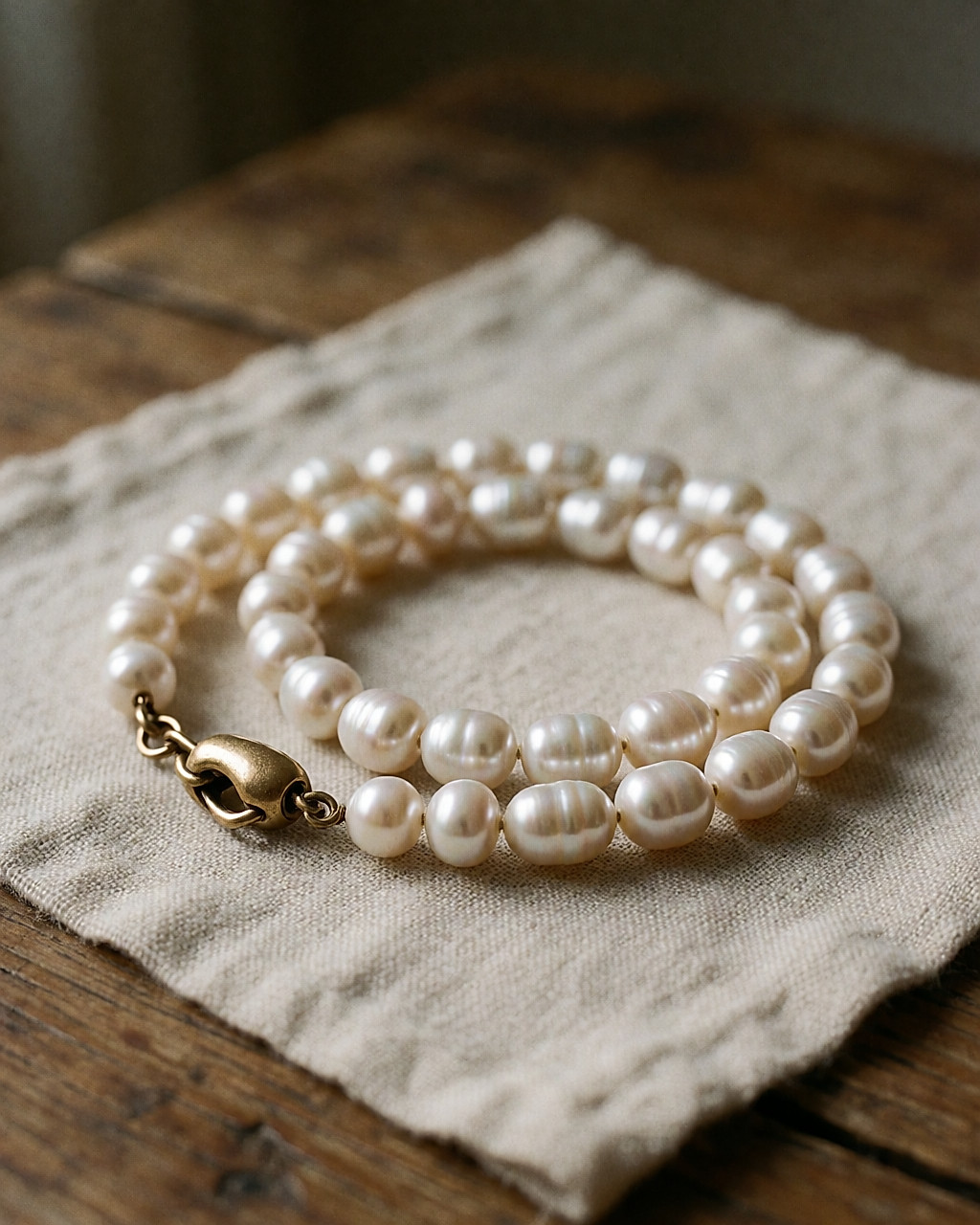 Baroque pearl necklace with a worn gold-tone clasp, coiled on natural linen