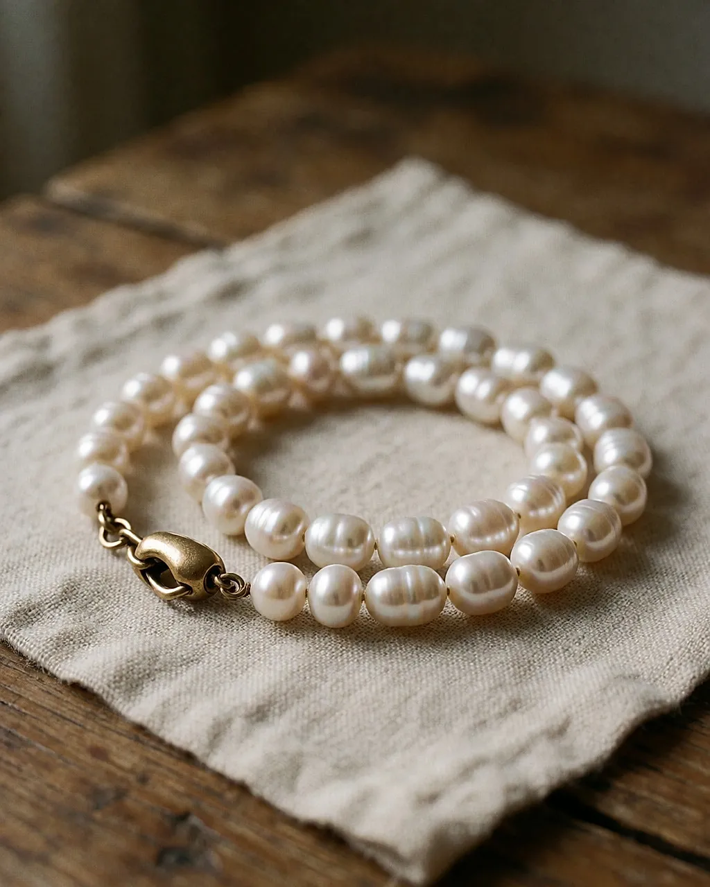 Collier de perles baroques au fermoir doré usé, lové sur un lin naturel