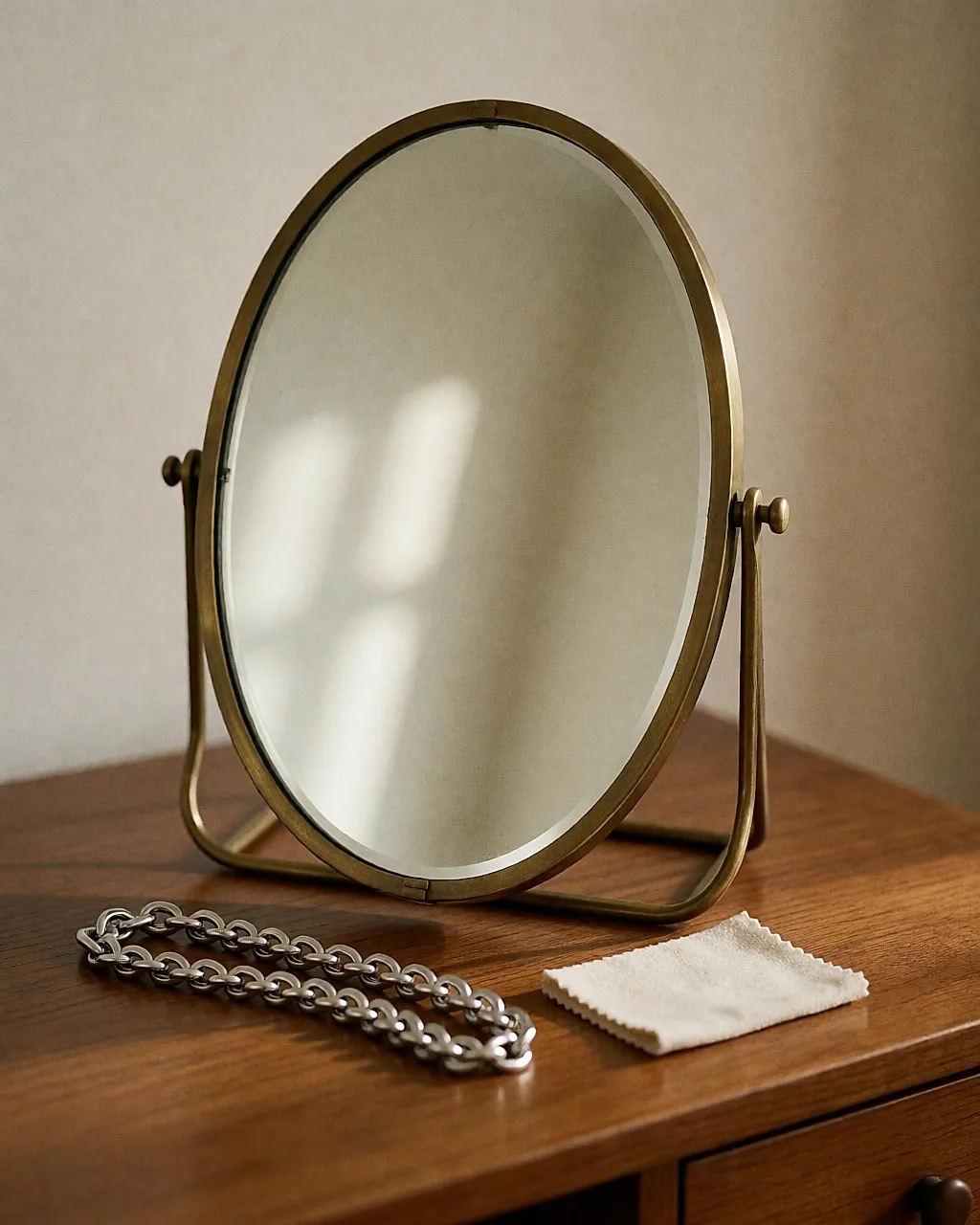 Miroir à cadre en laiton sur une coiffeuse, chaîne en argent 925 posée devant