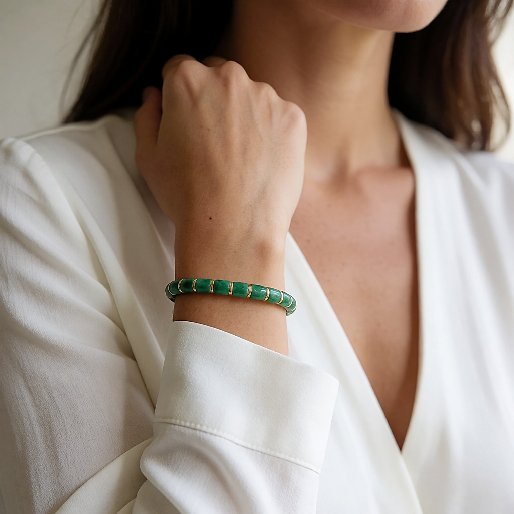 Polished green jade bangle worn on a wrist emerging from a white sleeve