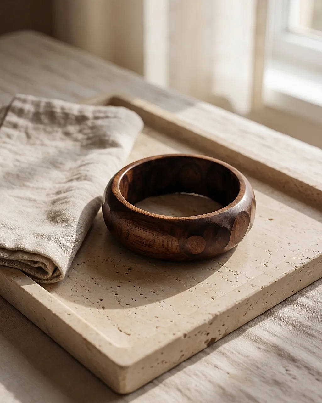 Carved dark wood cuff bracelet standing alone on a warm stone tray
