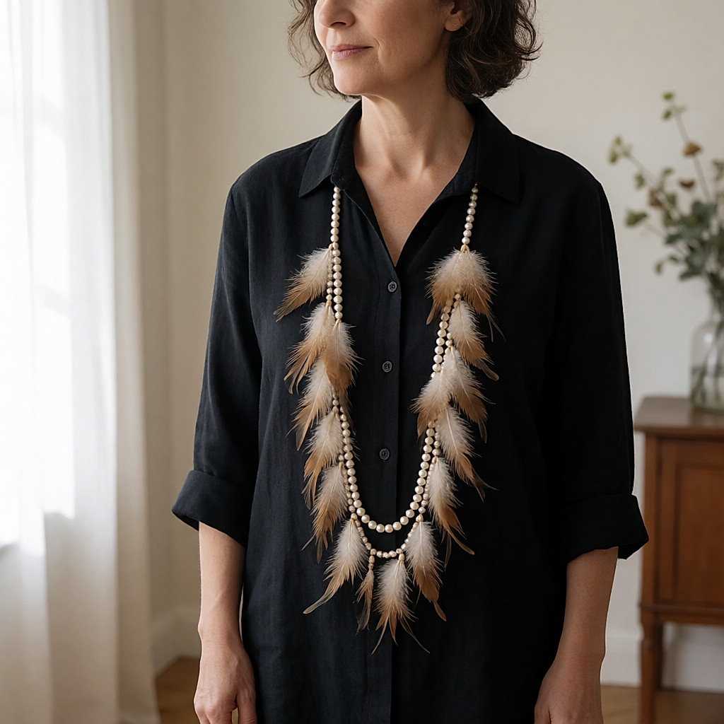 Back view, feather and wooden bead necklace worn over a dark shirt