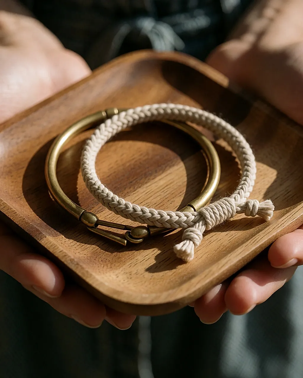 Two ethnic bracelets on a wooden tray, brass clasp and knotted cotton cord