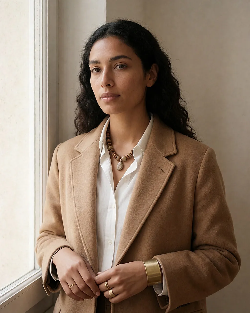 Young woman in a camel coat wearing a brass cuff, wooden bead necklace and fine rings