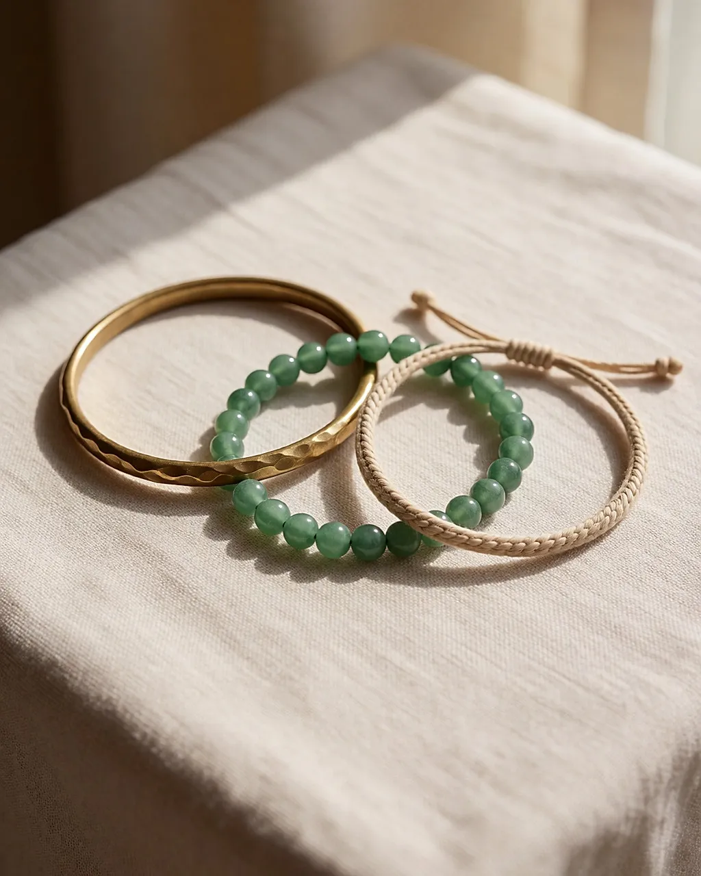 Three fine ethnic bracelets in brass, green stone and cotton cord on linen