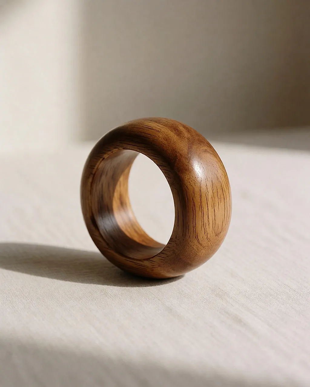 Polished solid wood cuff standing upright on pale linen