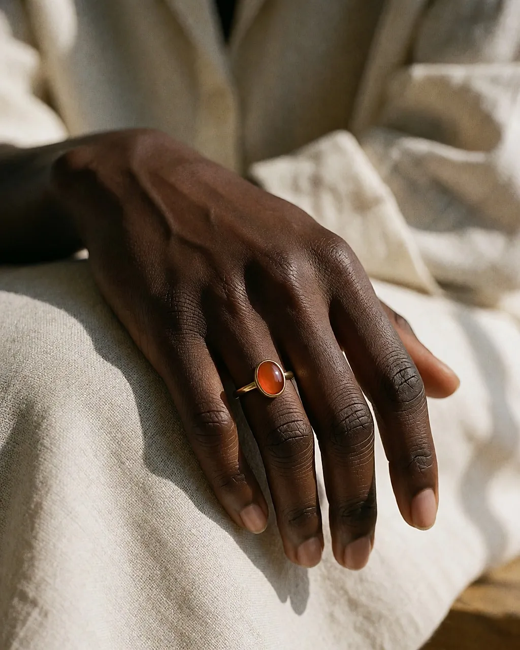 Hand wearing a raw orange stone ring resting on pale linen
