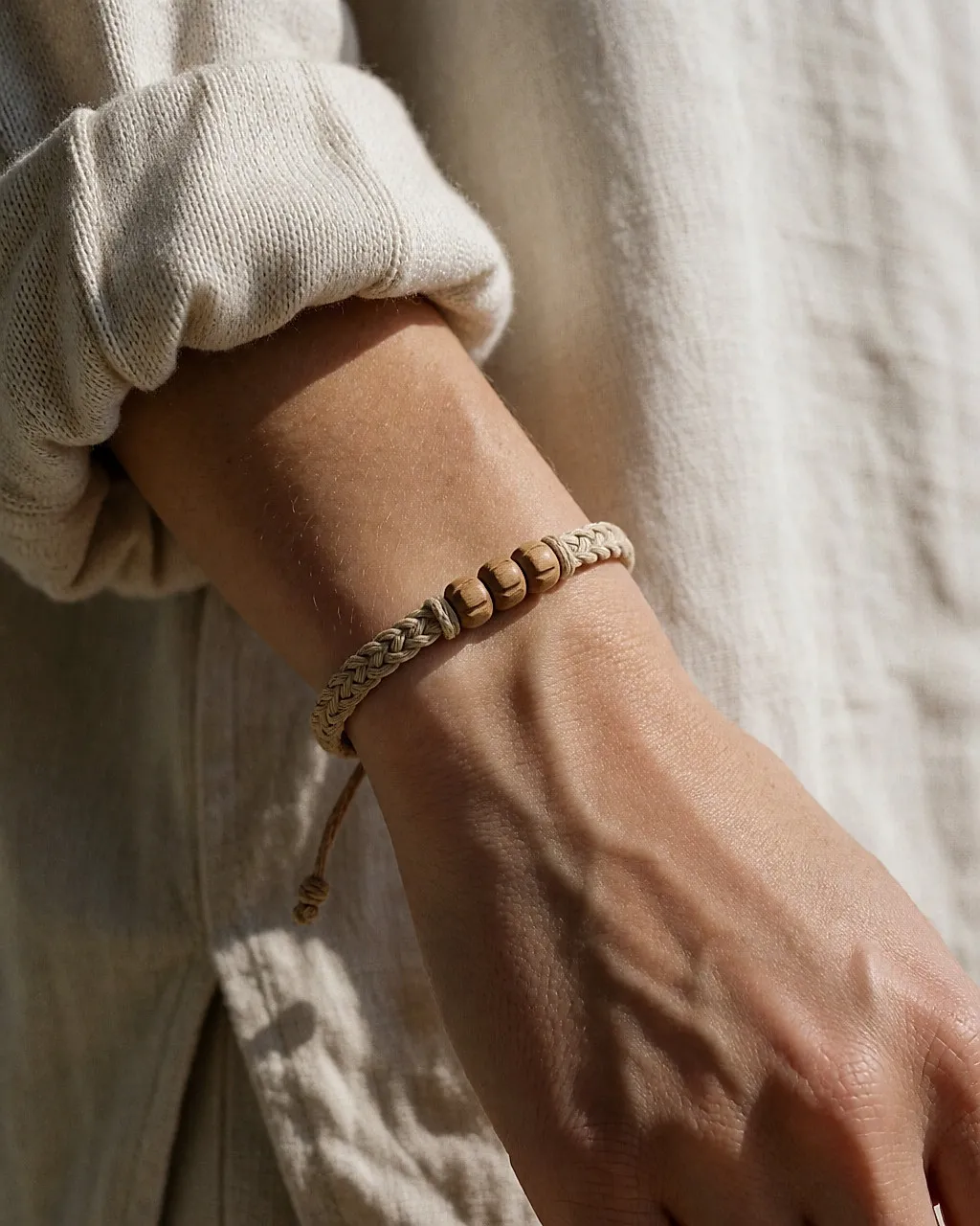 Wrist wearing a braided cotton bracelet with wooden beads