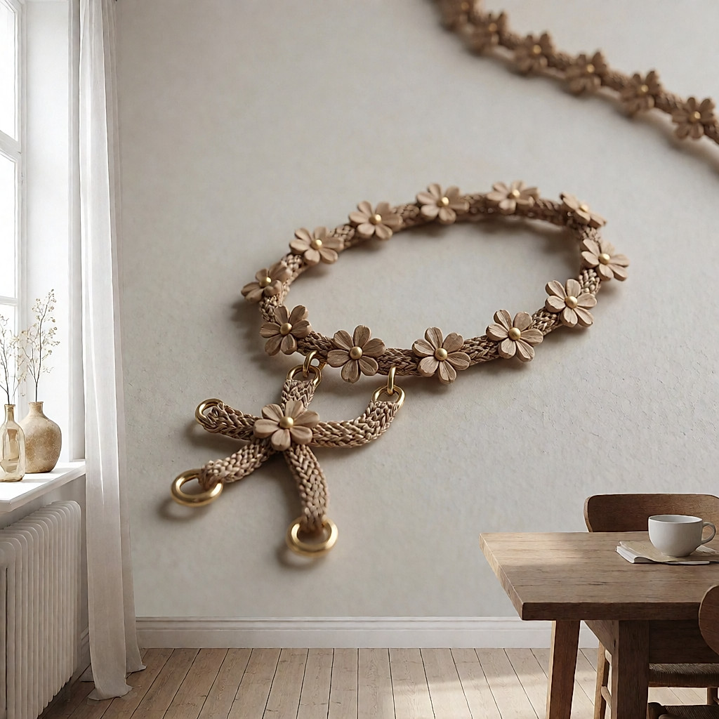 Long necklace with small wooden flower pendants worn over a plain oat-coloured knit