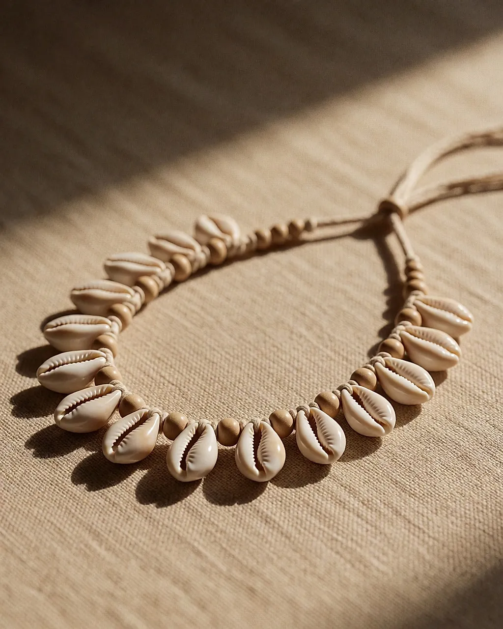 Shell and wooden bead necklace resting on a sandy linen surface