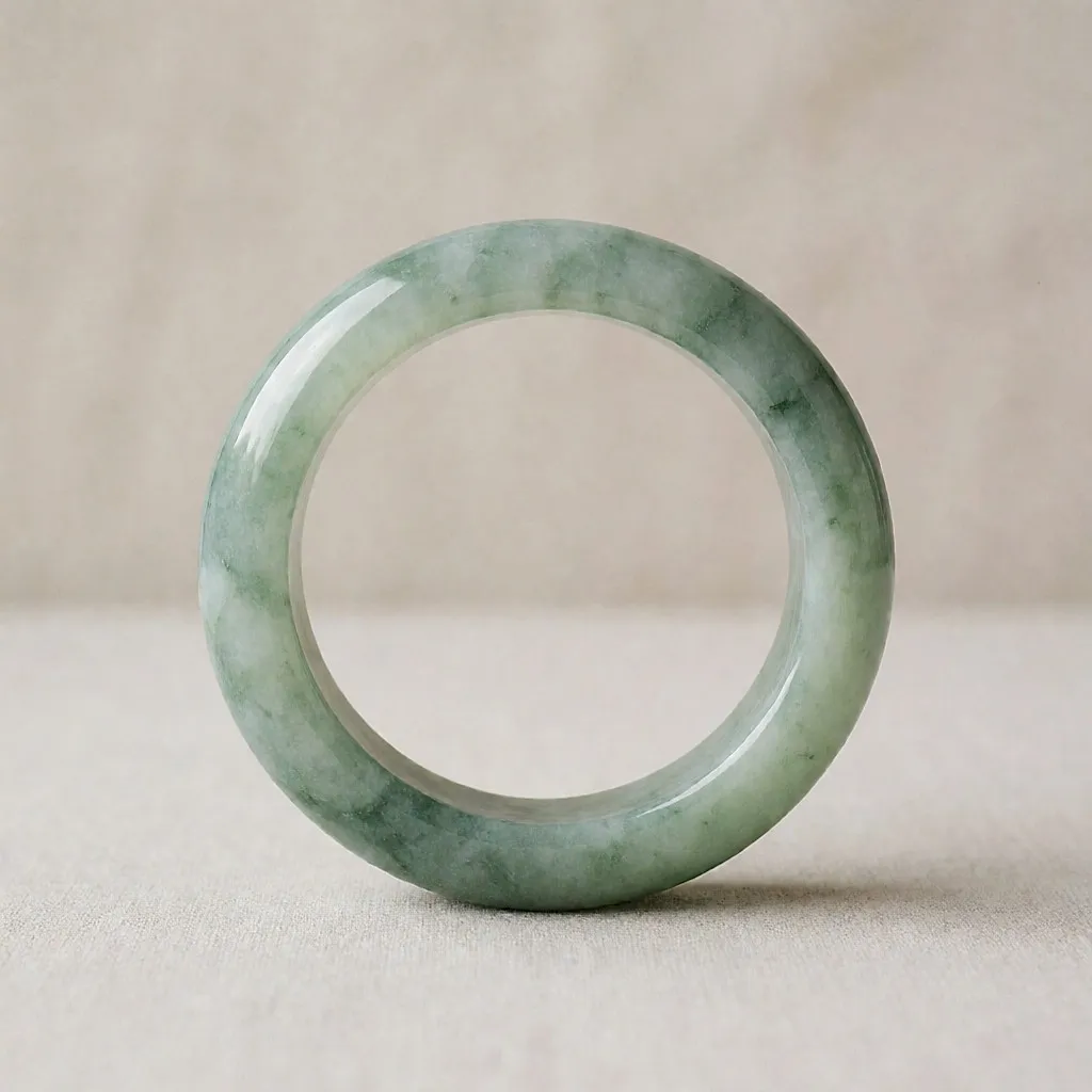 Product-style photo inspired by a Type A Jade Bracelet with certificate – 5.9 cm bangle, mottled pale green (ref. JJ426)