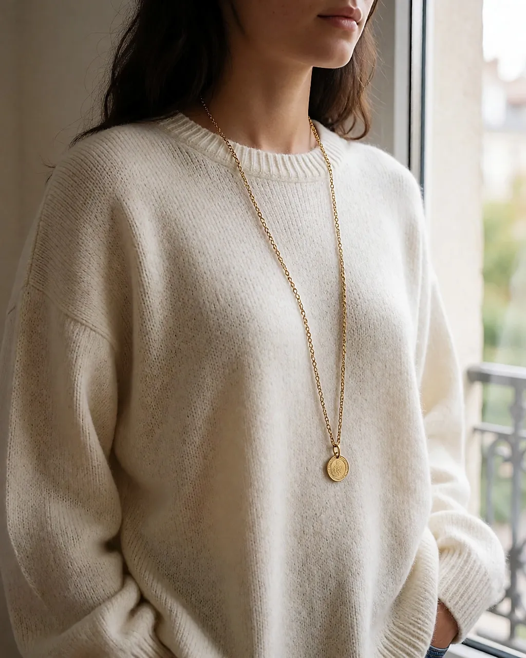 Lange goldene Kette mit Medaillon-Anhänger auf einem übergroßen elfenbeinfarbenen Strickpullover