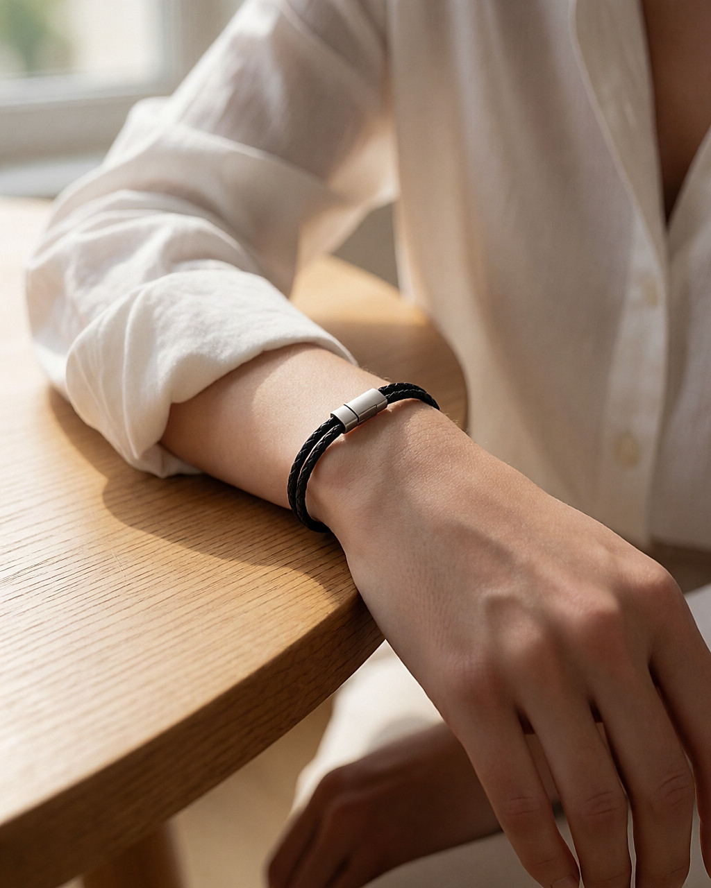 Bracelet fin en cuir noir tressé à fermoir en acier, porté à un poignet posé sur du chêne