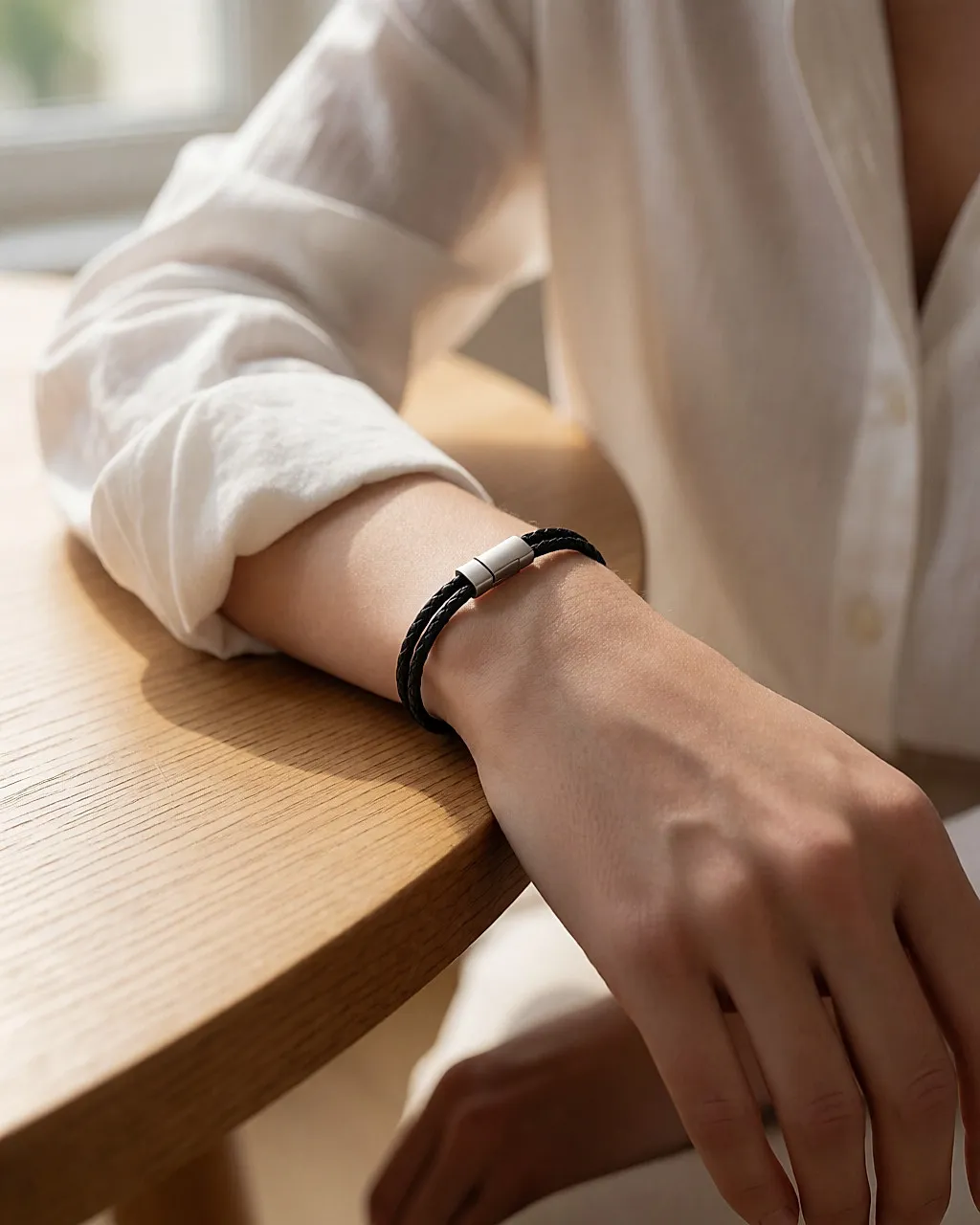Feines Armband aus schwarzem geflochtenem Leder mit Edelstahlverschluss am Handgelenk auf Eiche
