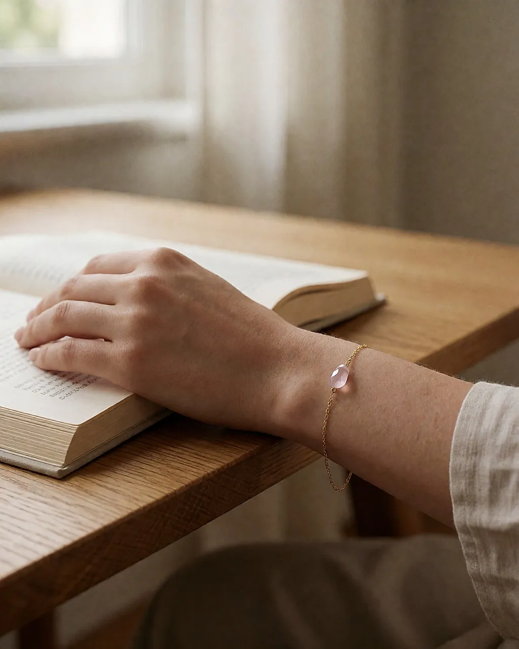 Feines goldenes Armband mit facettiertem Quarzstein am Handgelenk auf einem aufgeschlagenen Buch