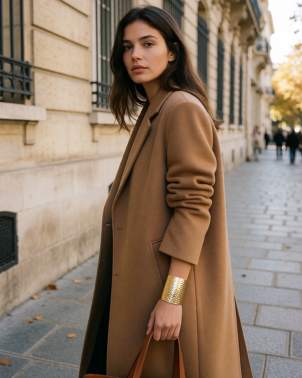 Manchette dorée martelée portée au poignet d'une femme en manteau camel, un sac à la main
