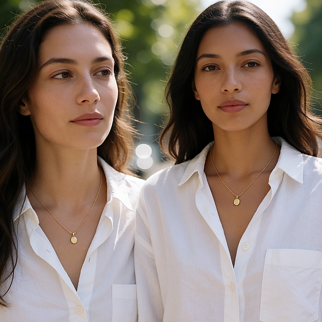 Jeune femme marchant avec un collier doré fin à pendentif sur une chemise blanche