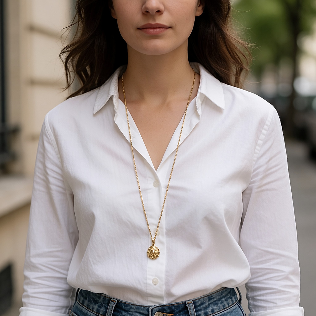 Junge Frau, die mit einer feinen Goldkette mit Anhänger über einem weißen Hemd geht