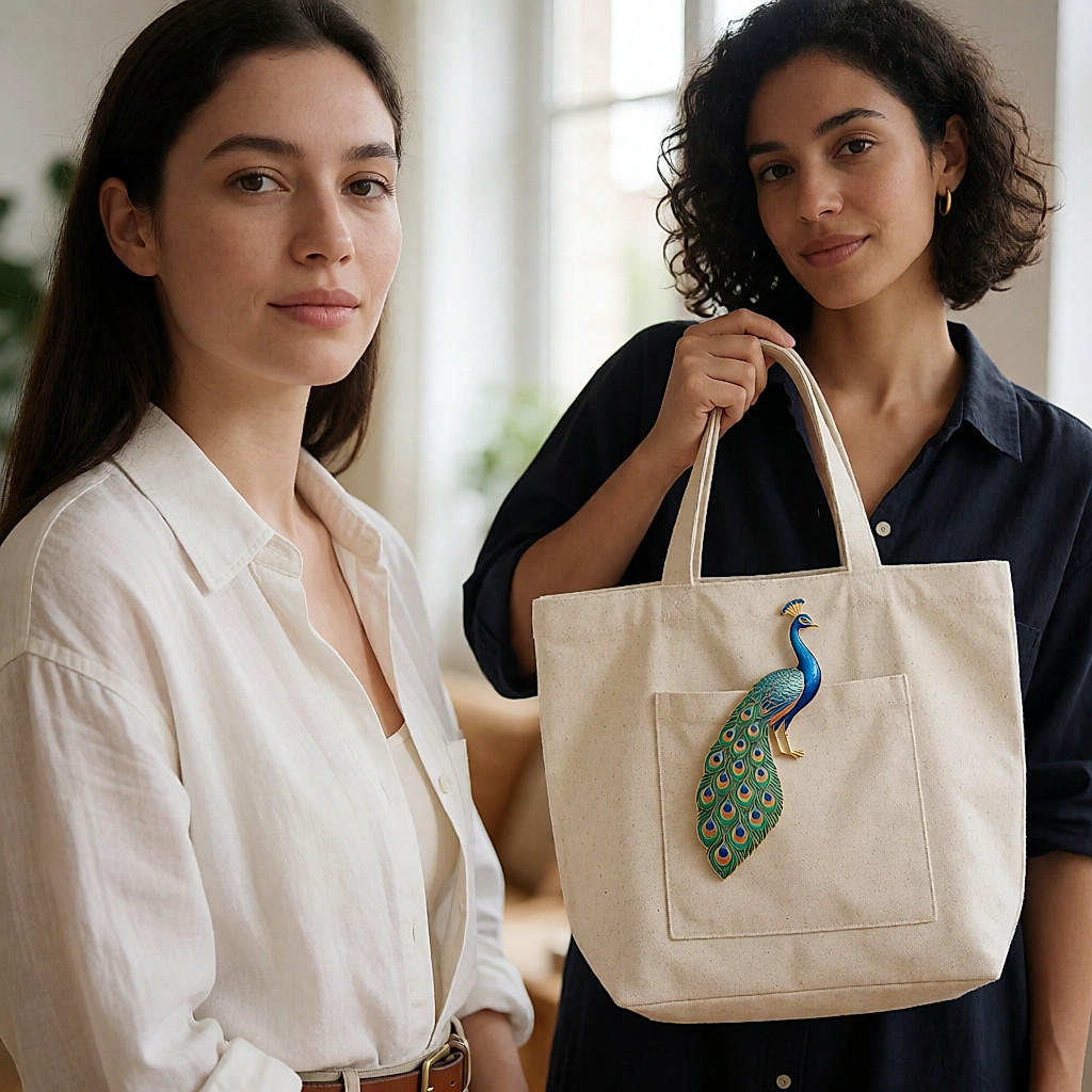 Broche paon émaillée bleu-vert épinglée sur la poche d'un cabas en toile