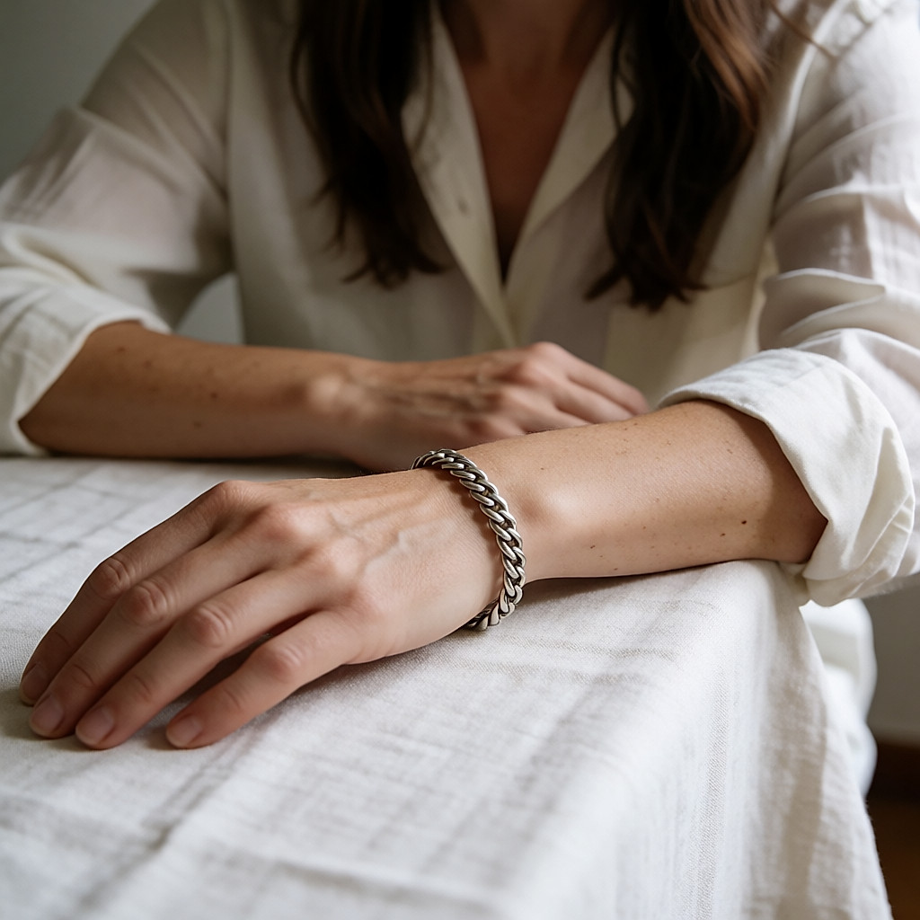 Altes Silberarmband am Handgelenk auf heller Wäsche