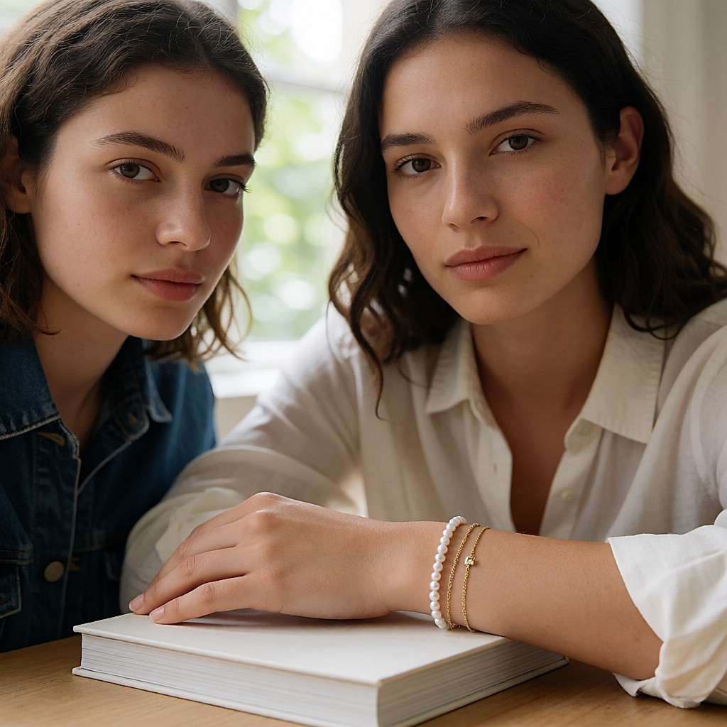 Bracelet de perles fines et chaîne dorée superposés au poignet d'une jeune femme, main posée sur un livre