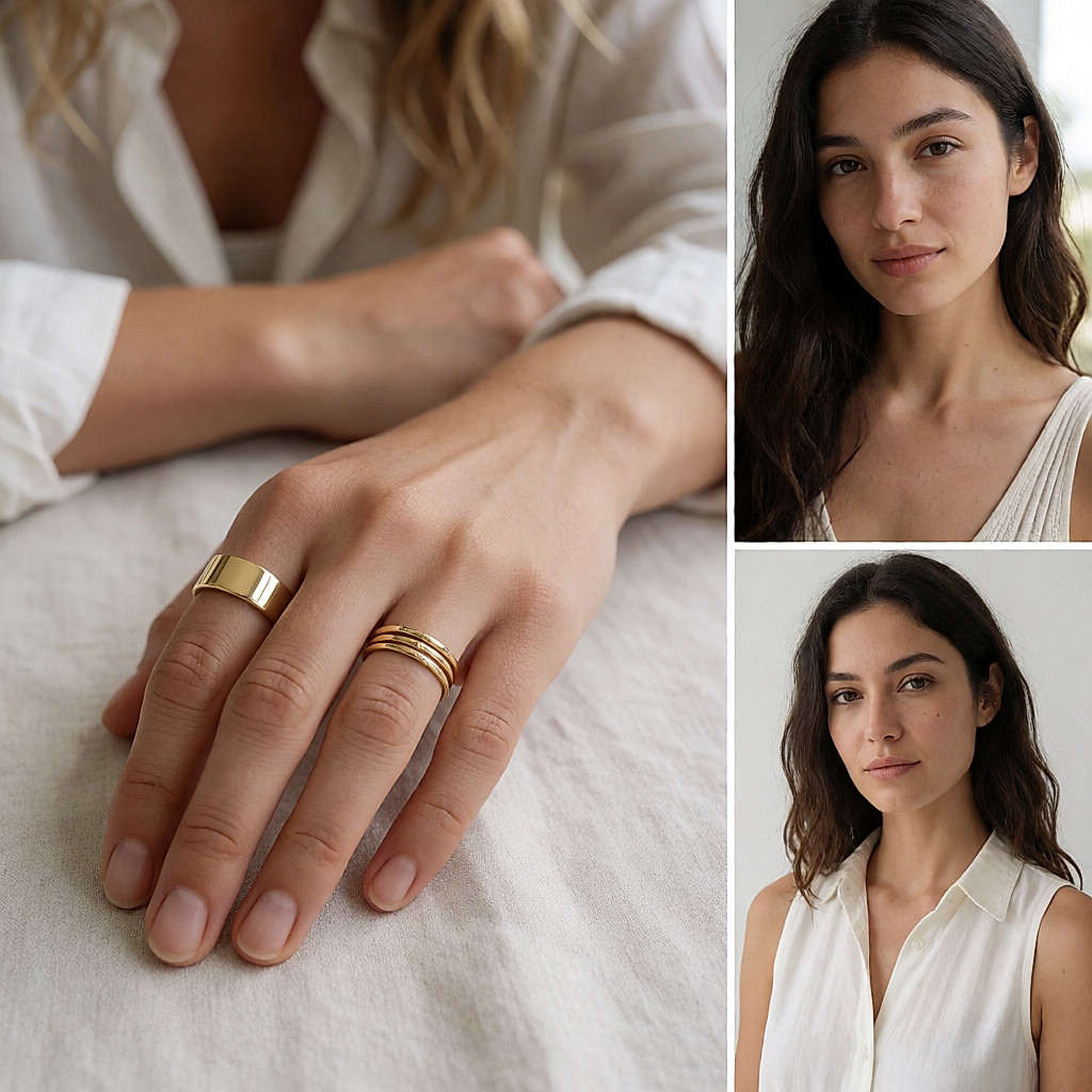 Bague plate large et deux fines bagues empilées aux doigts d'une main posée sur du lin clair