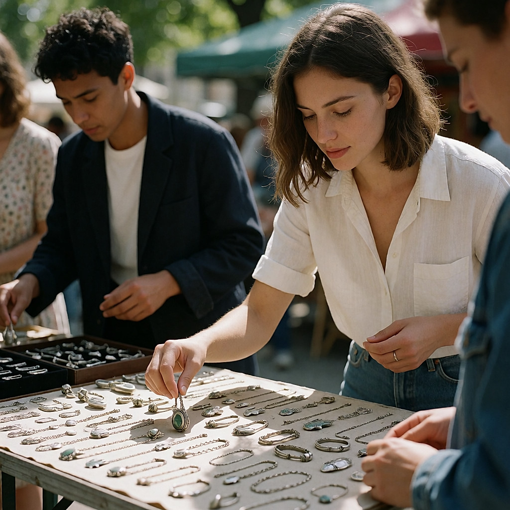 Jeune femme choisissant des bijoux anciens en argent sur une table de brocante