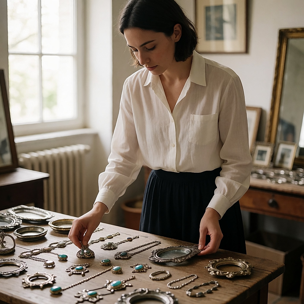 Junge Frau, die auf einem Flohmarkttisch alten Silberschmuck aussucht