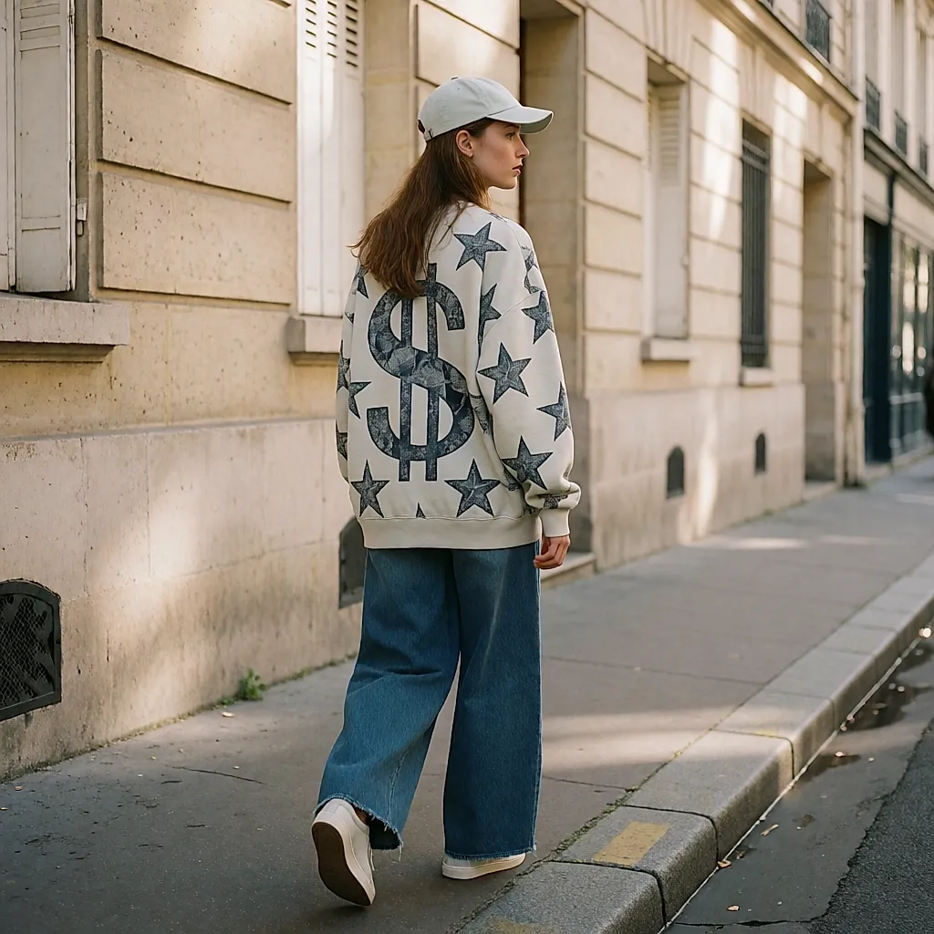 Silhouette de dos : sweat imprimé ample, jean brut large et casquette unie