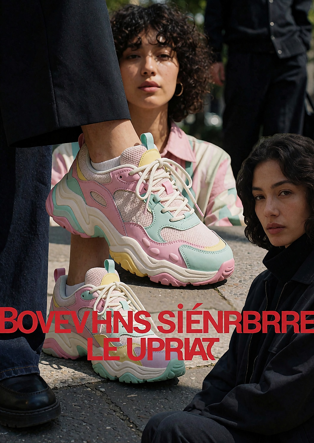 Baskets pastel colorées portées avec un pantalon large sombre, cadrage bas sur un trottoir