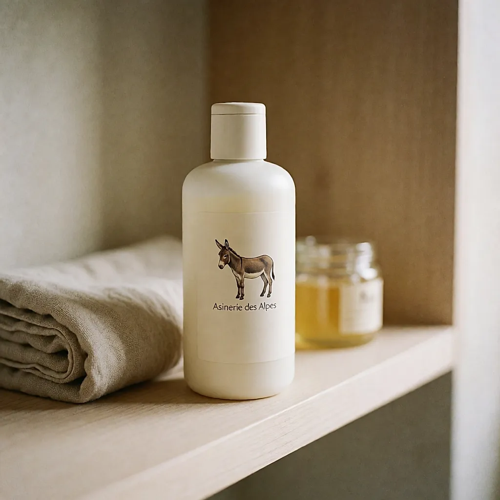 Cremeweiße Shampooflasche der Marke Asinerie des Alpes mit Esel-Illustration auf dem Etikett