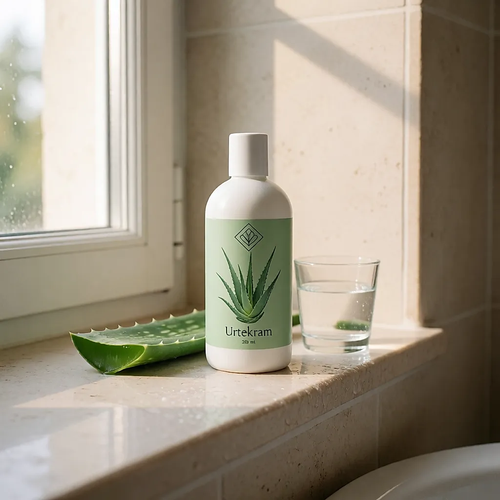 Weiße Flasche Aloe-vera-Conditioner von Urtekram auf einem Steinregal neben einem Aloeblatt