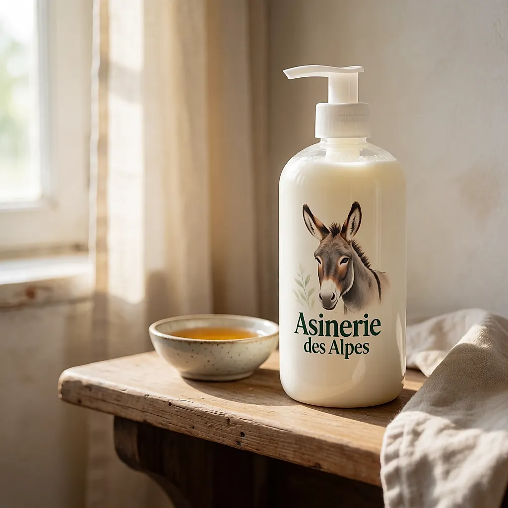 Cremeweiße Shampooflasche von Asinerie des Alpes mit Esels-Illustration