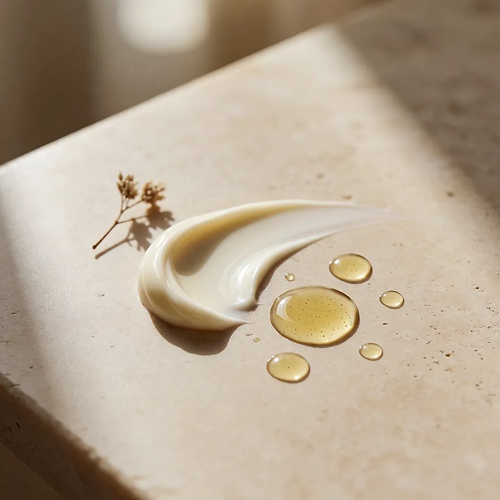 Reichhaltige Pflanzenöl-Creme mit goldenen Öltropfen auf glattem Stein, Makroaufnahme