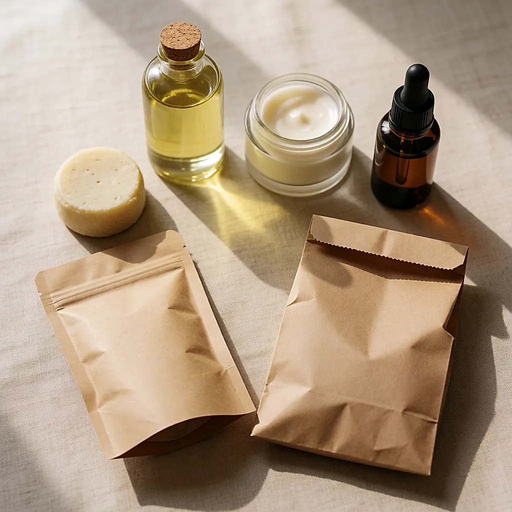 Vier Naturkosmetik-Produkte mit Nachfüllbeutel und Papiertüte als Flatlay